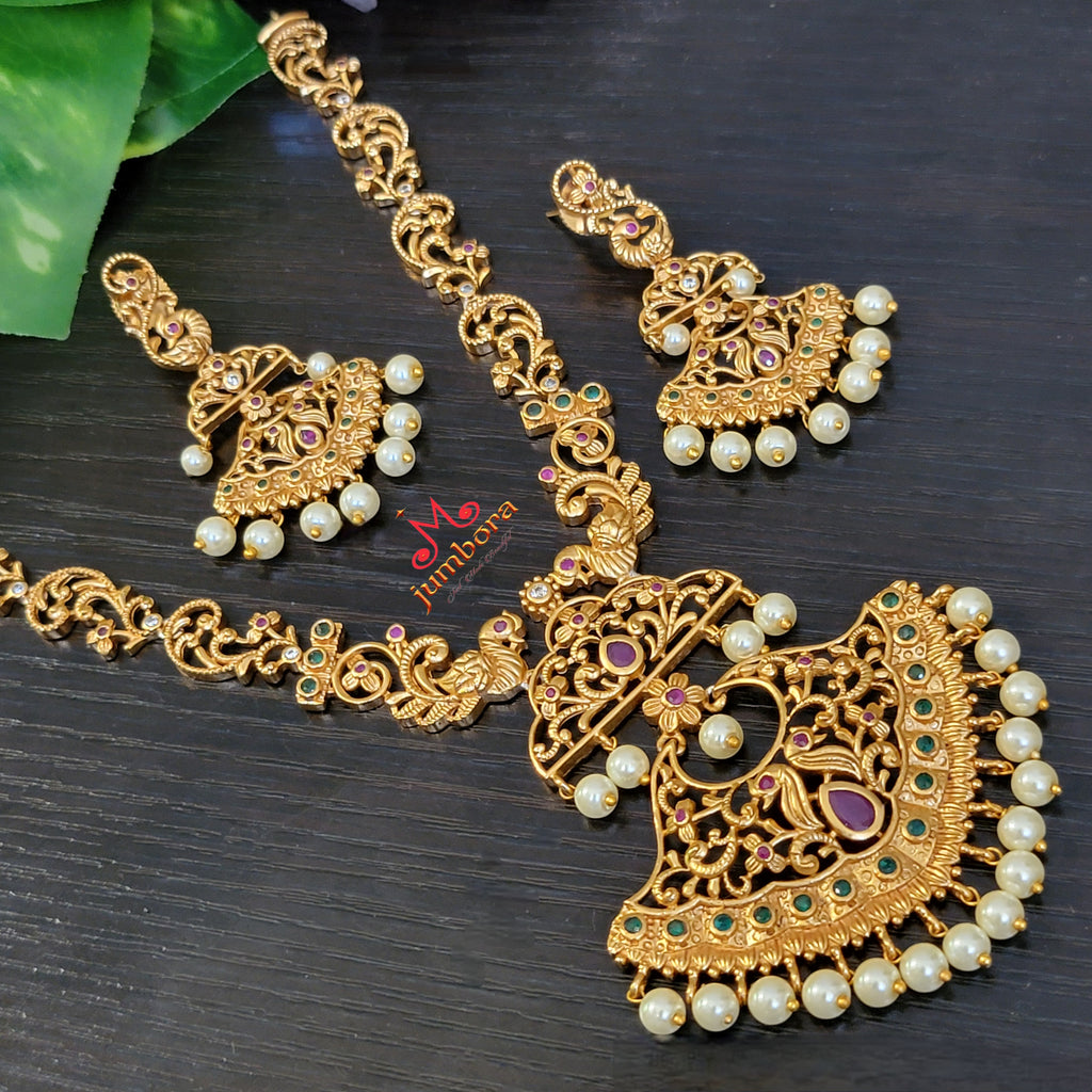 Peacock Filigree Work Matte Gold Necklace set with Pearls
