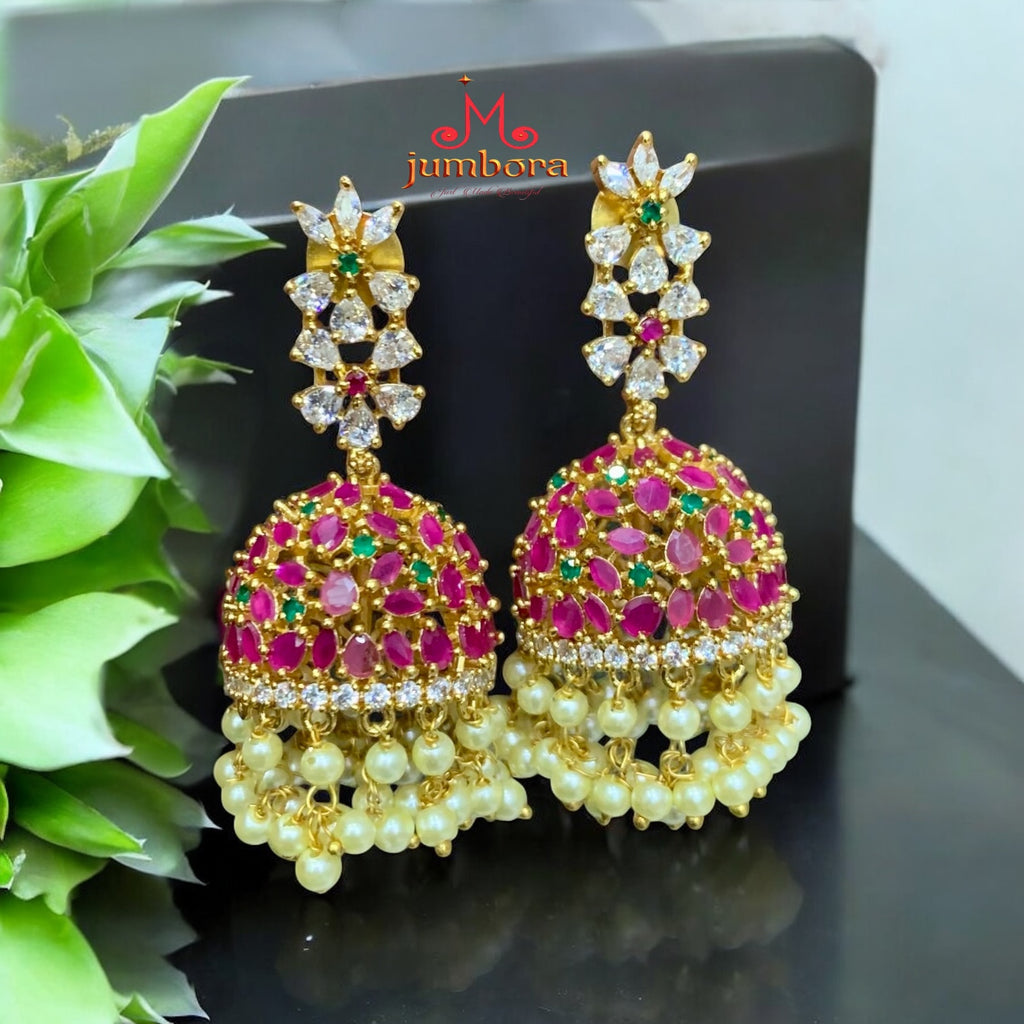 Ruby Pink, Green & White AD Zircon CZ Jhumka Earring