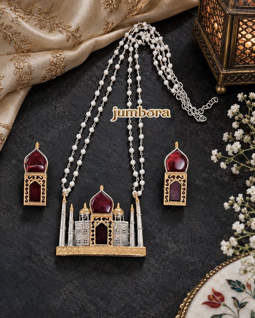 Dual Tone Silver Look Alike (SLA) Taj Mahal Architectural Pendant with Double Pearl Chain Necklace Set