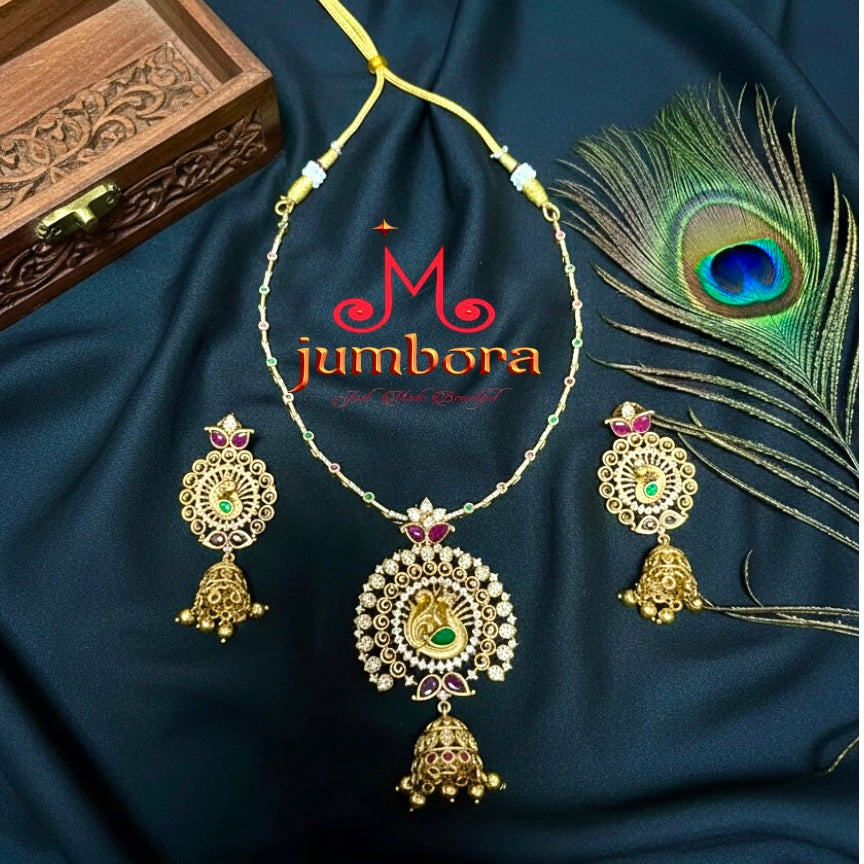 Peacock Jhumka CZ Zircon Hasili Pendant & Earrings set