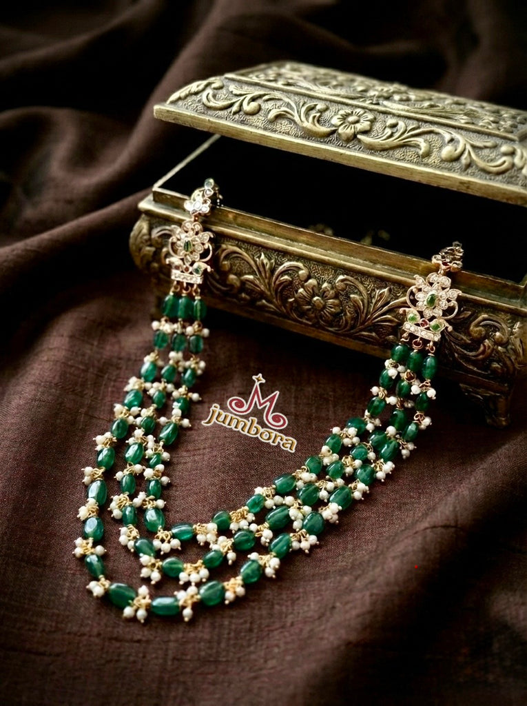 Triple Row Zircon (CZ) Handmade Green Onyx Beads Mala Set