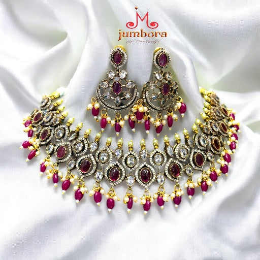 Statement White  & Ruby Red AD Zircon Victorian Necklace