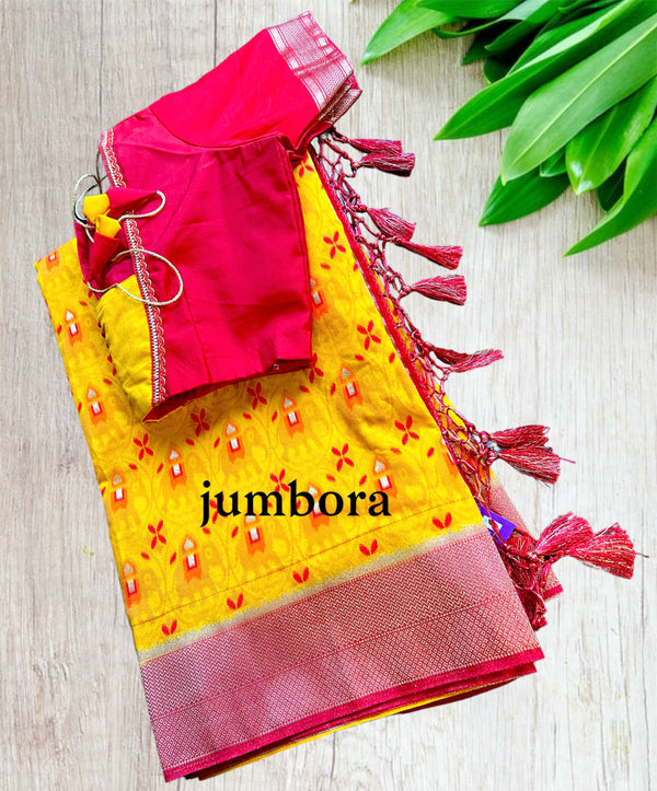 Mustard Yellow and Red Banarasi Patola Silk Saree with Stitched Blouse
