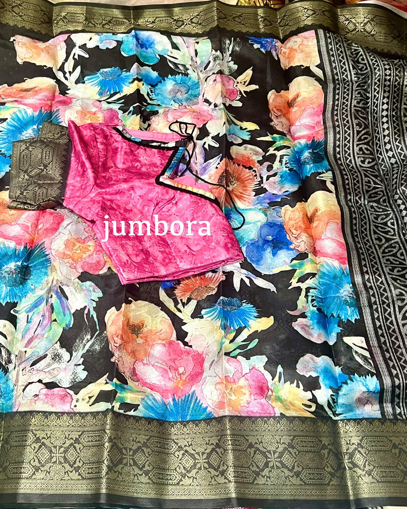 Multicolor Floral Digital Print Jute Linen Semi Silk Saree with Stitched Blouse