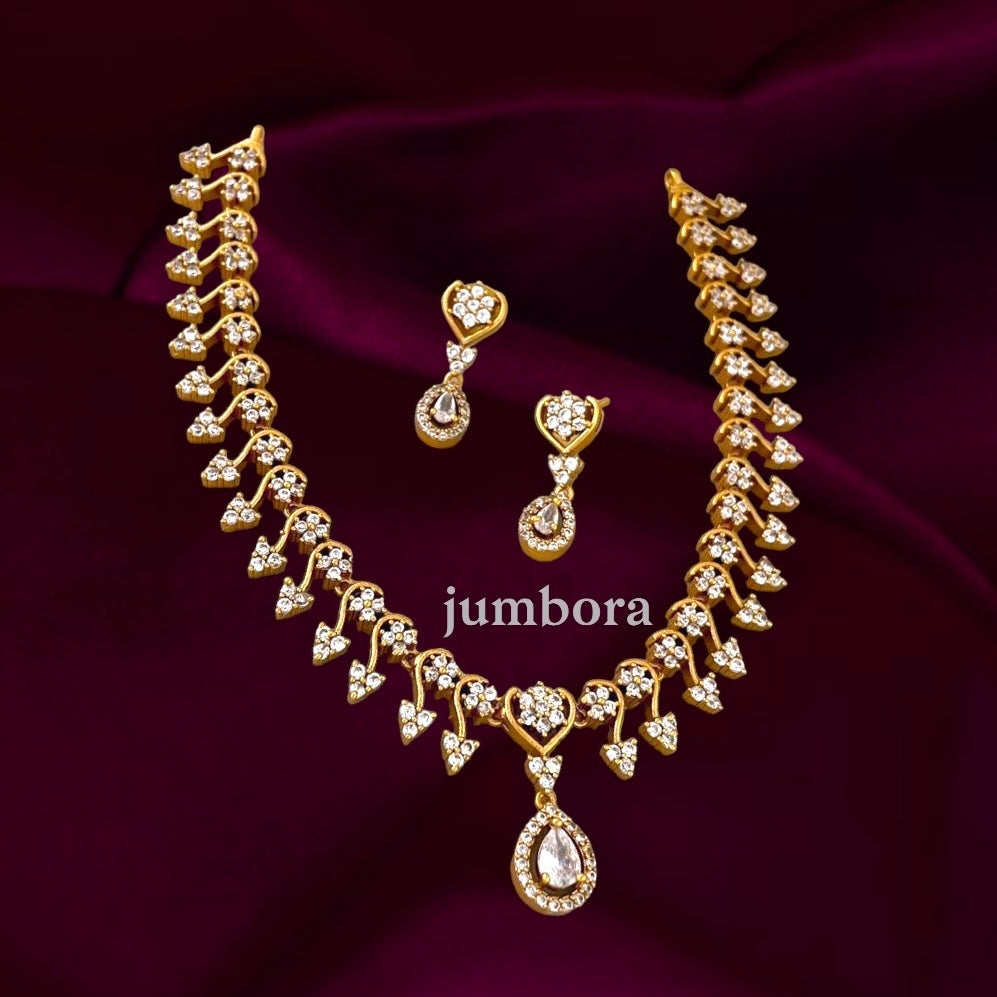 Elegant White AD Zircon (CZ) Stone Matte Gold Necklace Set