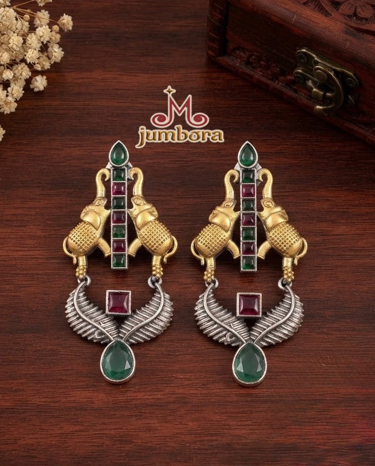 Dual Tone Elephant Motif SLA Oxidized German Silver Earrings
