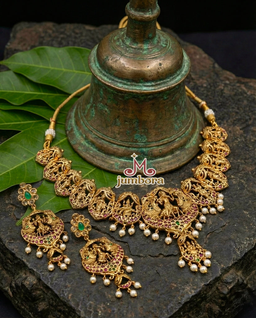 Antique Brass Base Dasavatharam Temple Necklace Set