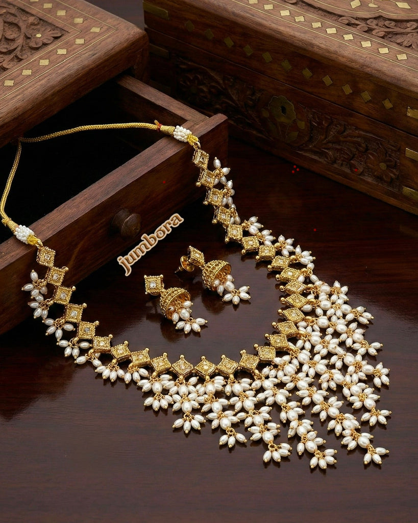 Gold Finish Cascade Rice Pearl Guttapusalu Necklace set