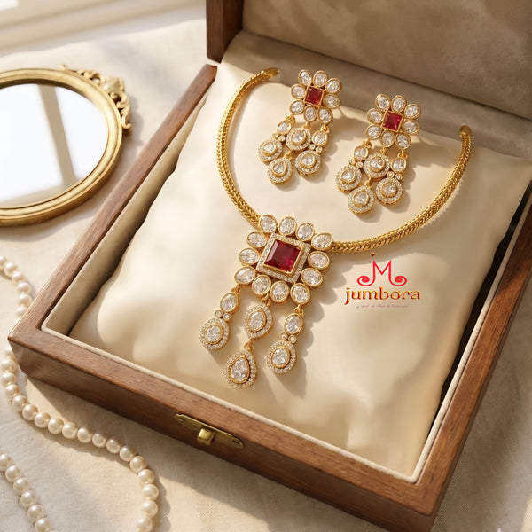 Red & White AD CZ Antique Gold Finish Necklace set