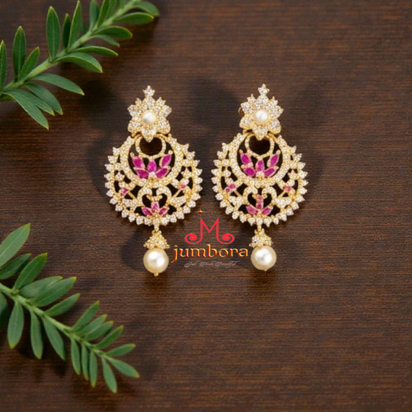 Ruby Red & White CZ Zircon AD Chandbali CZ Necklace Set