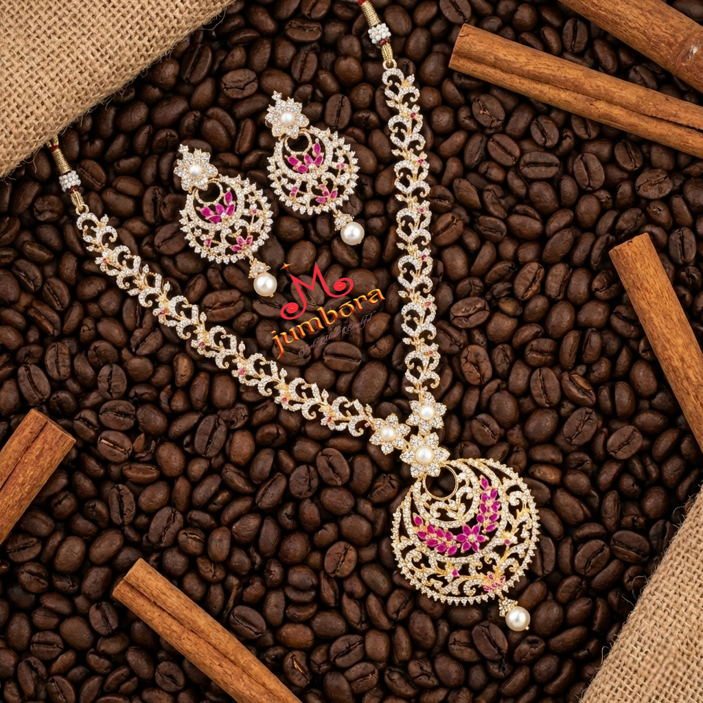 Ruby Red & White CZ Zircon AD Chandbali CZ Necklace Set