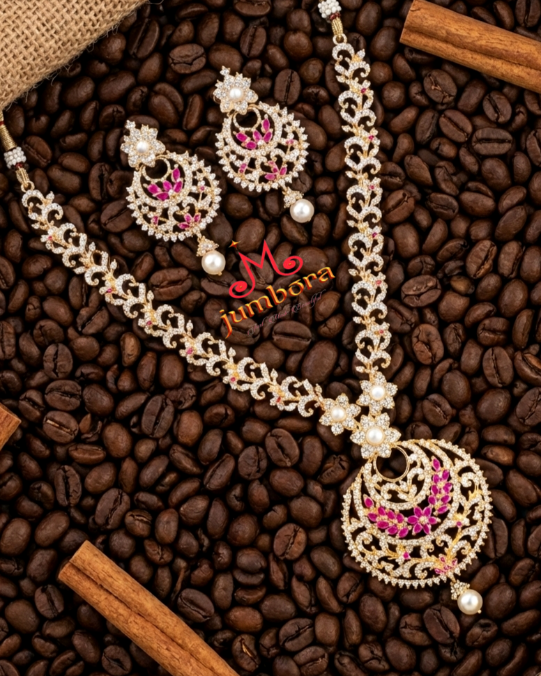 Ruby Red & White CZ Zircon AD Chandbali CZ Necklace Set