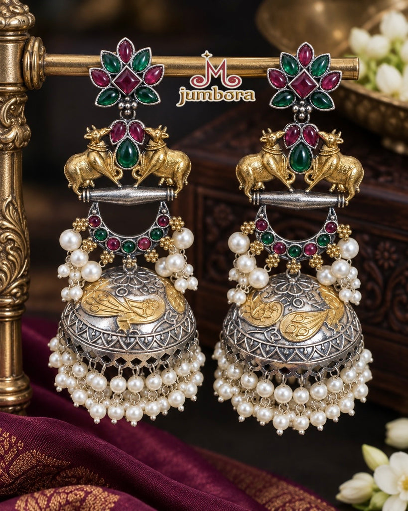 Dual Tone Pichwai Cow Motif SLA Oxidized German Silver Statement Jhumka Earrings