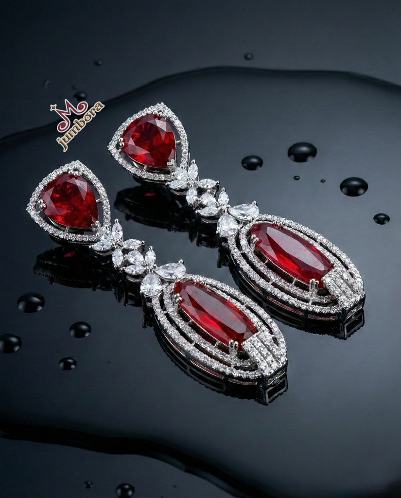 Luxurious White Gold Finish Red & White CZ Statement Earrings