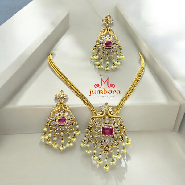 Ruby Red & White AD Zircon CZ Necklace Set