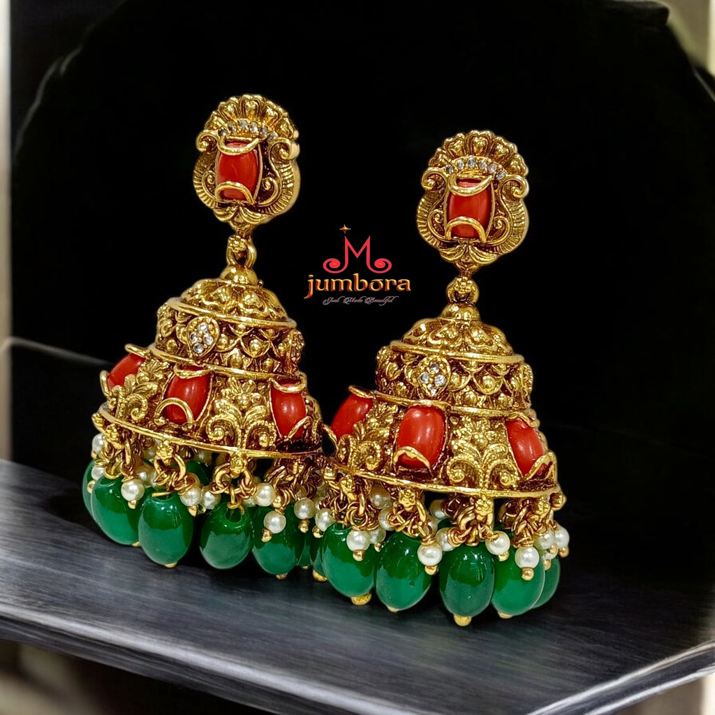 Gold Look Alike Coral Jhumka Earrings