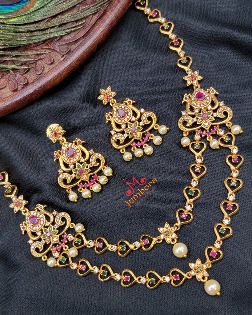 Double Layered Ruby Pink, White, and Emerald Green CZ Peacock Motif Necklace Set