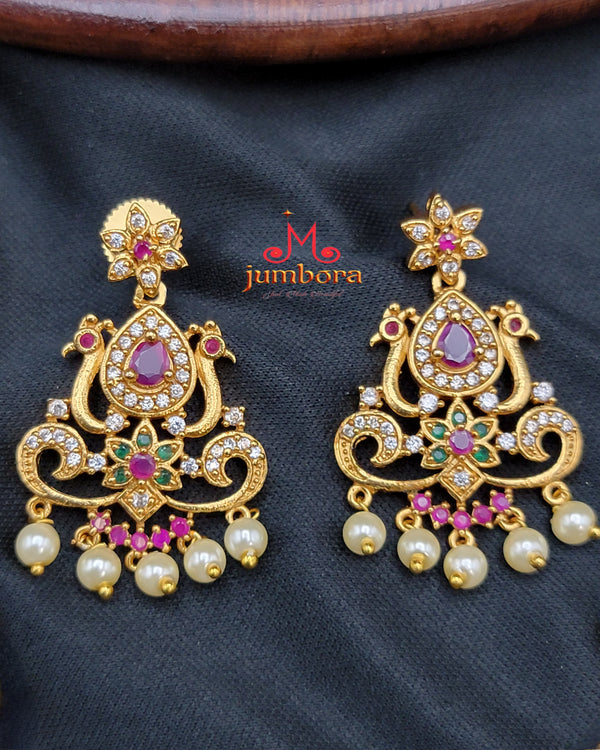 Double Layered Ruby Pink, White, and Emerald Green CZ Peacock Motif Necklace Set