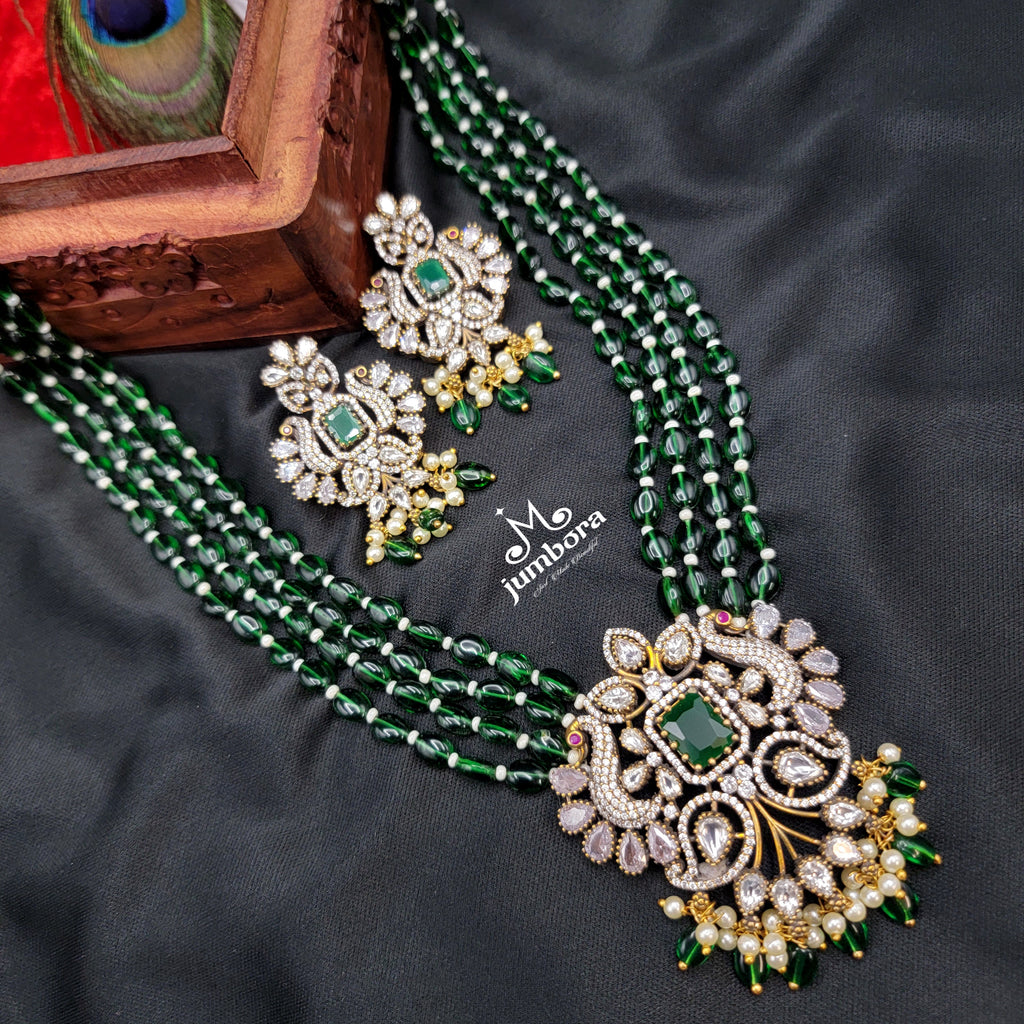 Long AD Zircon Victorian Pendant with Green Monalisa Beads Necklace Set