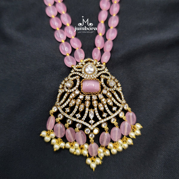Long AD Zircon Victorian Pendant with Pink Monalisa Beads Necklace Set