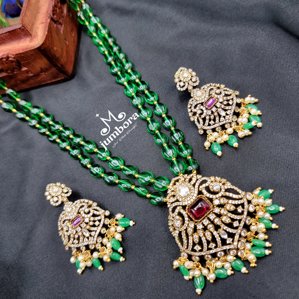 Long AD Zircon Victorian Pendant with Dark Green Monalisa Beads Necklace Set