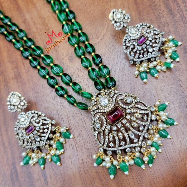 Long AD Zircon Victorian Pendant with Dark Green Monalisa Beads Necklace Set