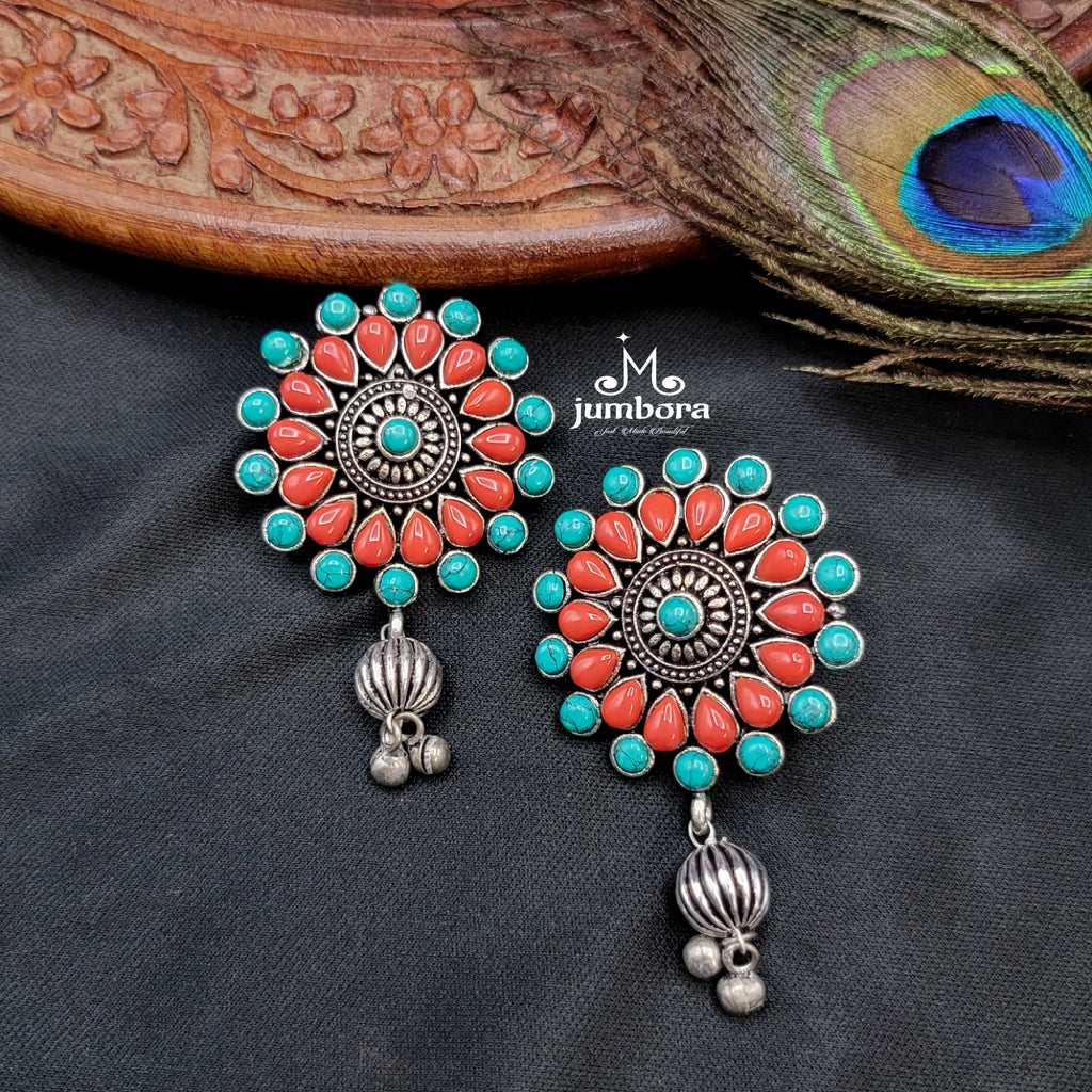 Turquoise & Coral (SLA) Oxidized German Silver Big Stud Earring