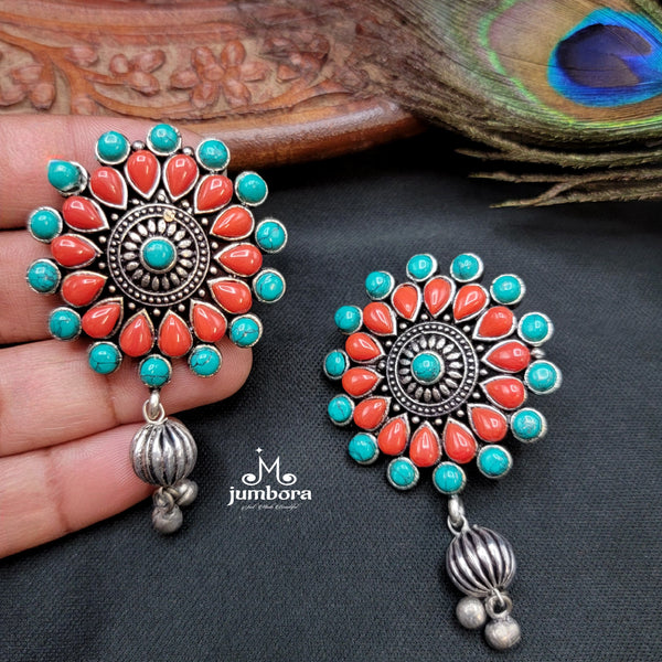 Turquoise & Coral Oxidized German Silver Big Stud Earring