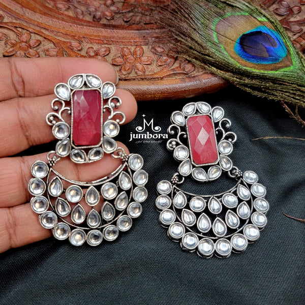 Red & White Kundan Chaand bali Oxidized German Silver Earring