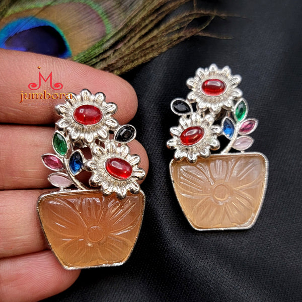 Multicolor Floral AD Zircon White Silver Peach Carved Bead Earring