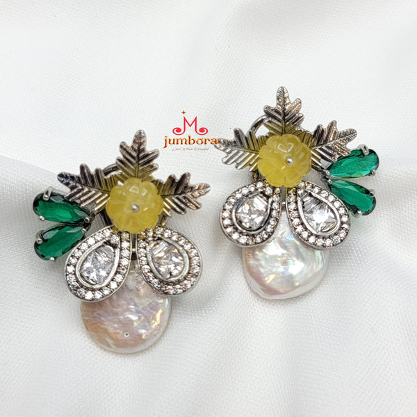 Baroque Pearl Yellow & Green Victorian AD Zircon Stone Earring