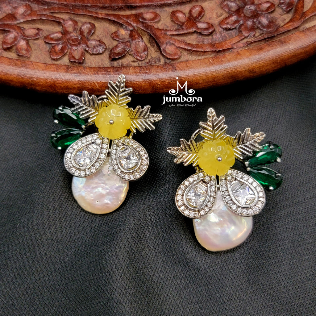 Baroque Pearl Yellow & Green Victorian AD Zircon Stone Earring