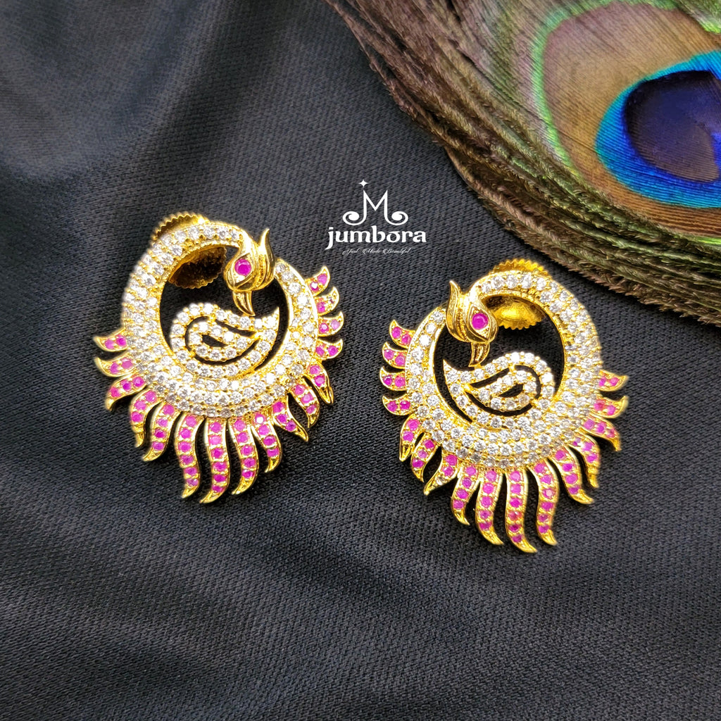Peacock White & Ruby AD Zircon Earring