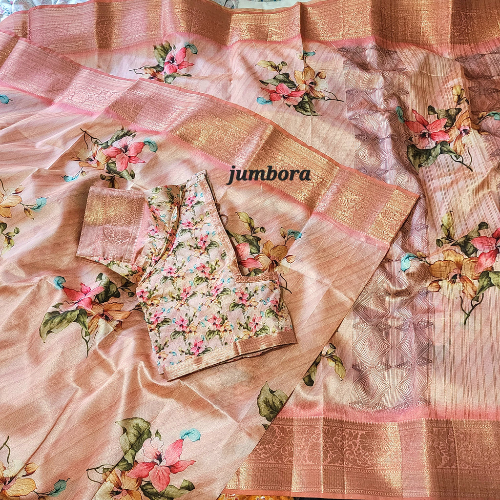 Peachish Pink Digital Print Tusser Blend Silk Saree with Stitched Blouse