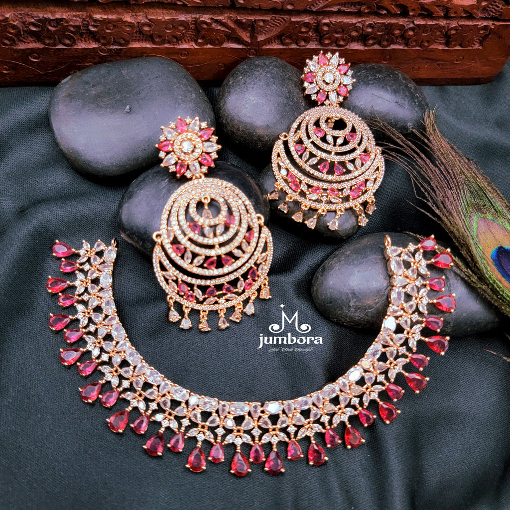 Rose Gold Burgundy Red & White AD Zircon Necklace Set