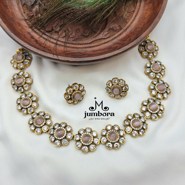 Baby Pink & White AD Zircon Floral Victorian Necklace