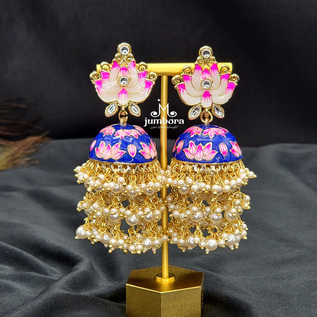 Big Meenakari Jhumka Earring with cluster pearls