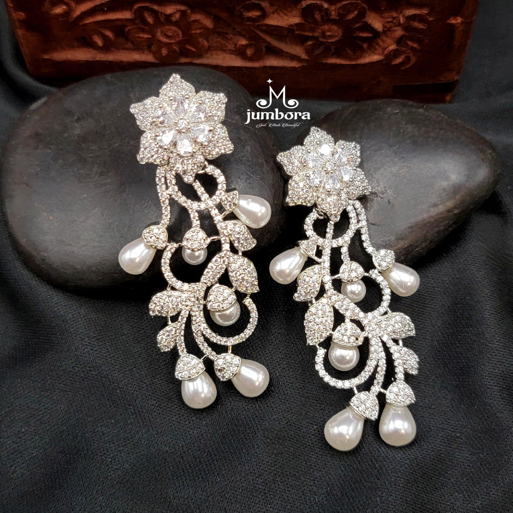 Partywear Designer Floral Pearl &  White AD Zircon Earrings