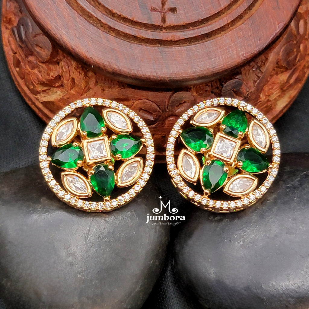 Dark Green Rosegold Kundan & AD Zircon Stone Stud Earring