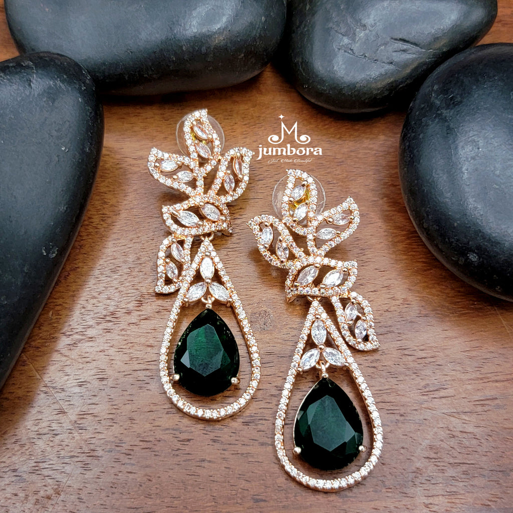 Rosegold Dark Green & White AD Zircon Earring