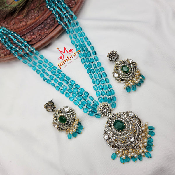 Long AD Zircon Victorian Pendant with Cyan Blue Monalisa Beads Necklace Set