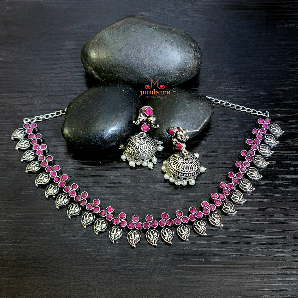 Mango Oxidized German Silver Ruby Red Stone Necklace set