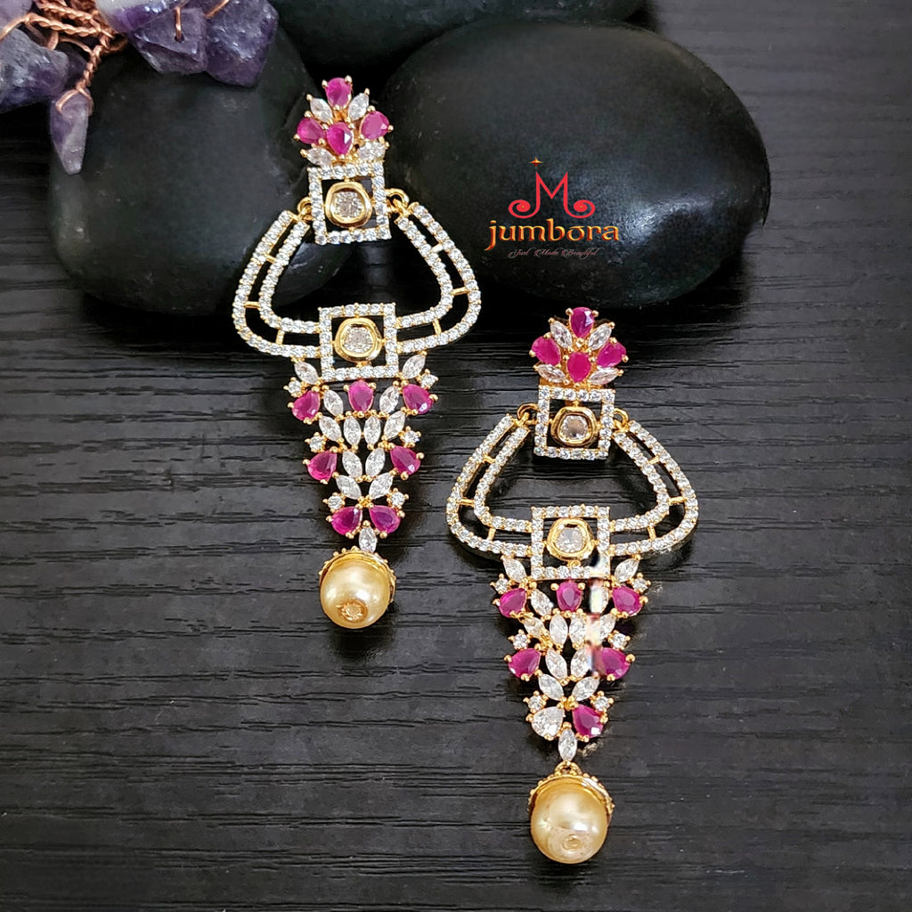 Partywear Designer Ruby Red &  White AD CZ Zircon Earrings