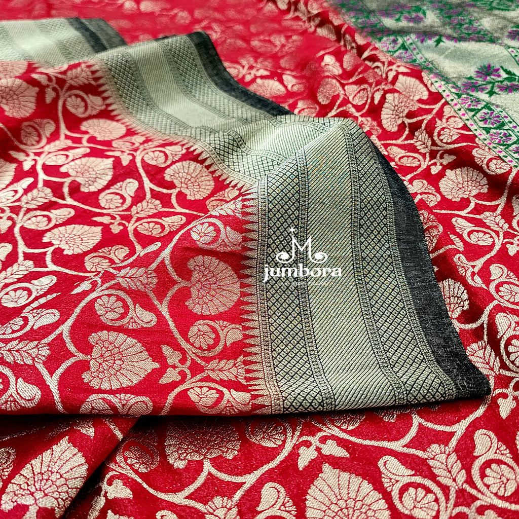 Red & Black Banarasi Georgette Silk Saree with stitched blouse
