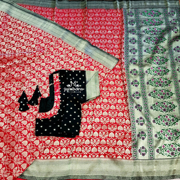 Red & Black Banarasi Georgette Silk Saree with stitched blouse