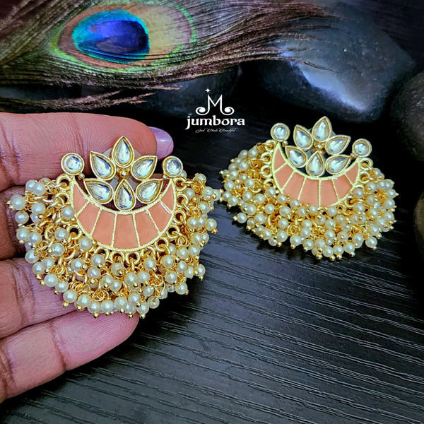 Peach Handpainted Meenakari Kundan Earrings with Pearls