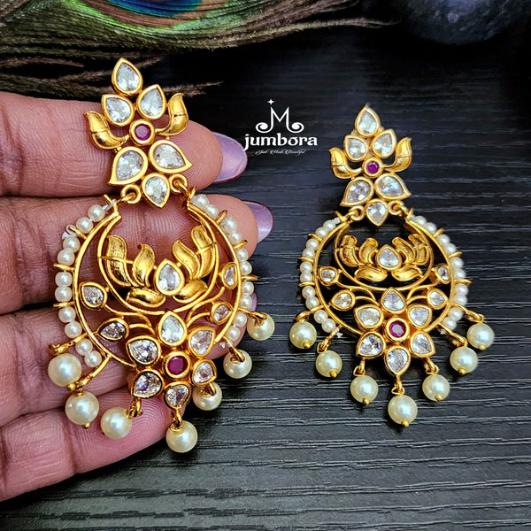 Matte Gold Finish AD stone Pearl Chandbali Earring