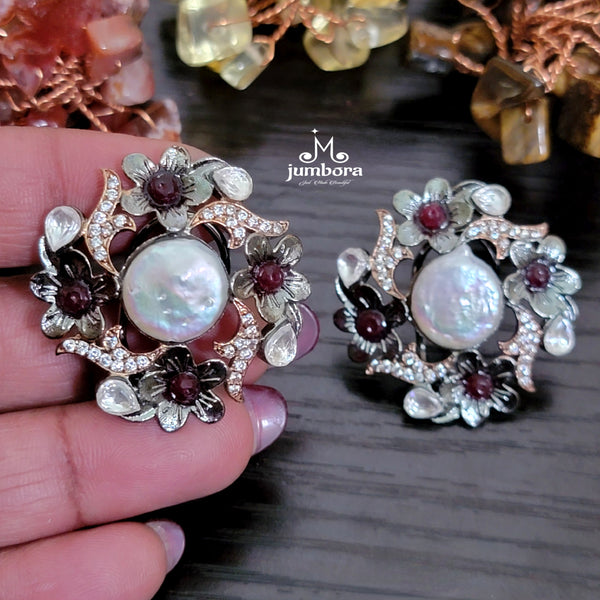 Baroque Pearl Victorian Rosegold  AD Zircon Stone stud Earring