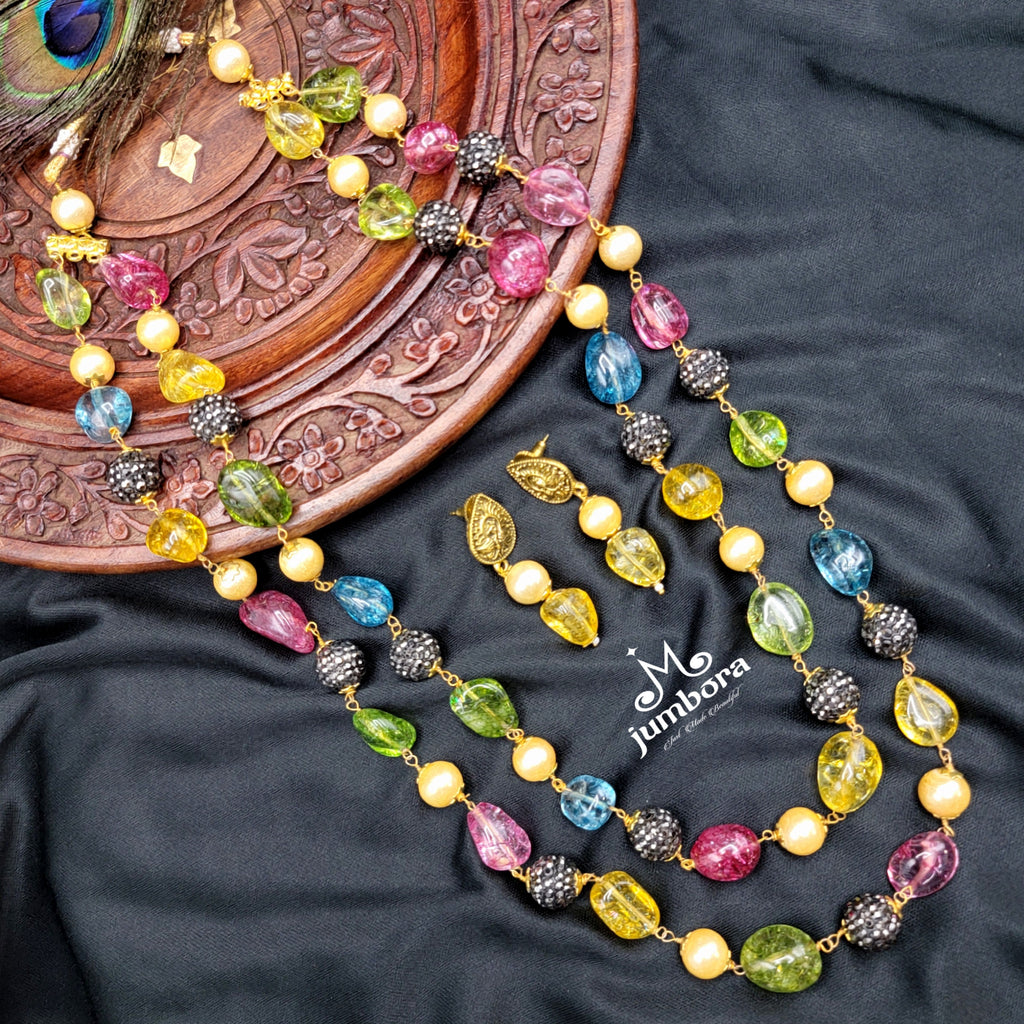 Handmade Double Row Multicolor Nugget Onyx Mala Necklace Set