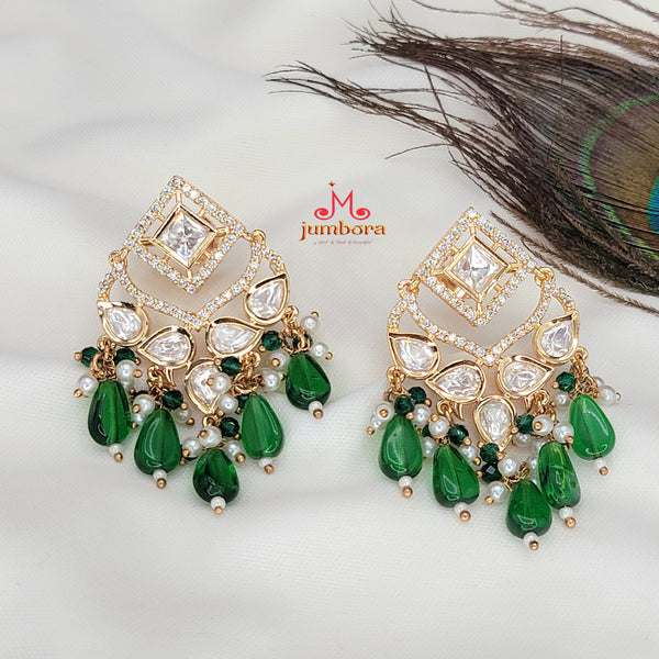 Mossainite & White AD Zircon Stone Earring with Green Monalisa dangles.